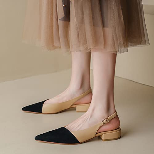 LEHOOR Women Slingback Flats Cap Toe Two Tone Pointed Closed Toe Flat Heel Sandals Pumps Colorblock Buckle Strap Patchwork Slip On Sandals Comfort Chic Office Ladies Summer 4-11 M US4