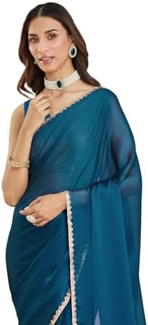 Women’s Art Silk Solid Plain Saree With Heavy Beads Stone Lace Border & Unstitched Blouse Piece(Rangoli_Free Size)-ARC001