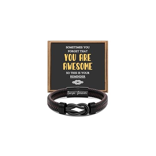 Inspirational You Are Awesome Gifts: Braided Leather Bracelet Infinity Knot Hand-Woven for Him 8.5 Inch