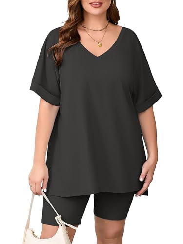 Image of AusLook Women's Plus Size 2 Piece Short Outfits Set Short Sleeve Tops and Shorts Pants Lounge Jogging outfits Matching Set