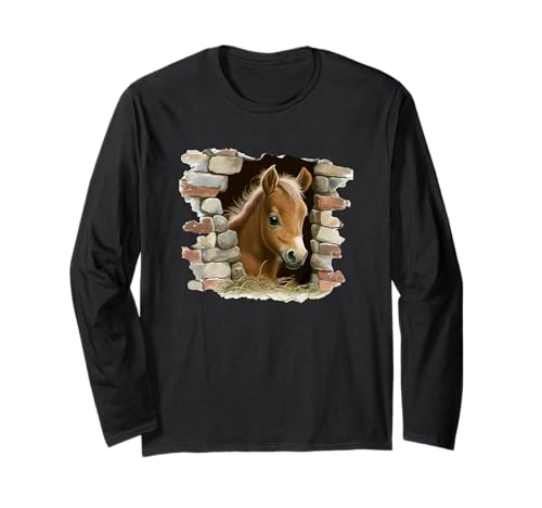 Adorable Pony Peeking Through Brick Wall Long Sleeve T-Shirt