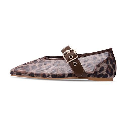 Women's Leopard Mesh Mary Jane Flats Buckle Strap Closed Square Toe Ballet Flats2