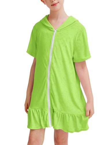 Image of Girls Swim Cover Up Multicolor Hooded Zip-Up Terry Swimsuit Ruffle Bathing Suit Kids Short Sleeve Swimwear