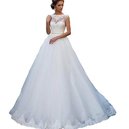 iluckin Sexy Women's A Line Backless Lace Tulle Wedding Dresses with Train Beads Sash Bridal Gown for Bride White