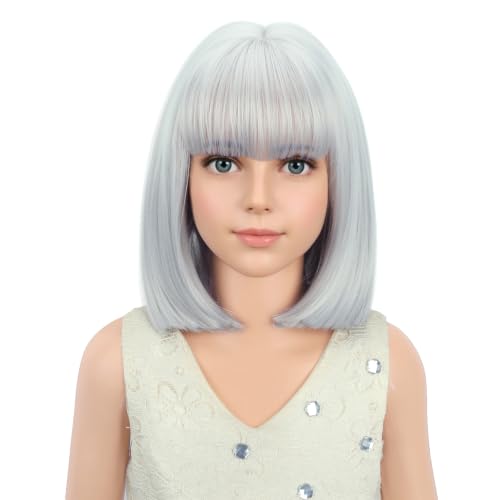 Image of PATTNIUM Grey Bob Wig for Kids Short Bob Gray Wig with Bangs Silver Wigs Girls Cosplay Party Synthetic Rose Net Daily Wear Wigs