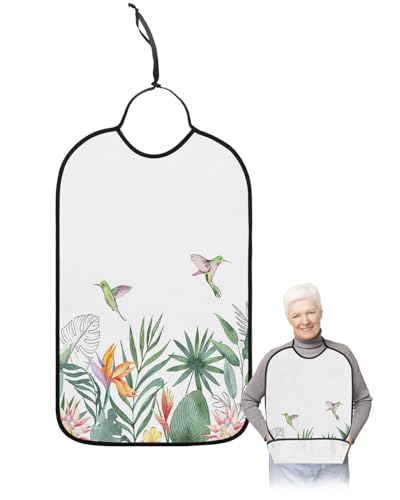 Adult Bibs for Elderly Women - Pastoral Botanical Waterproof Dining Clothing Protectors with Crumb Catcher for Eating/Feeding, Summer Tropical Palm Leaves Birds Terry Cloth Bib Machine Washable
