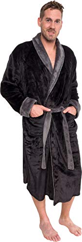 Ross Michaels Mens Plush Shawl Collar Kimono Bathrobe Robe (Black & Grey, L/XL)