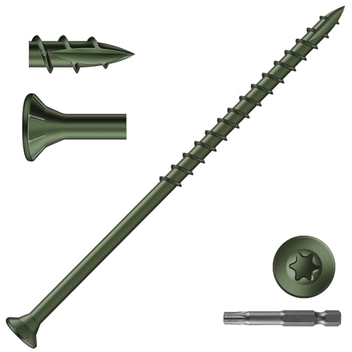 Image of #10 x 4 Inch Deck Screws (45Pcs) 1lb. Exterior Wood Screws. Carbon Steel, Green, Flat Head, Rust Resistant epoxy Coated, with T25 Star Bit