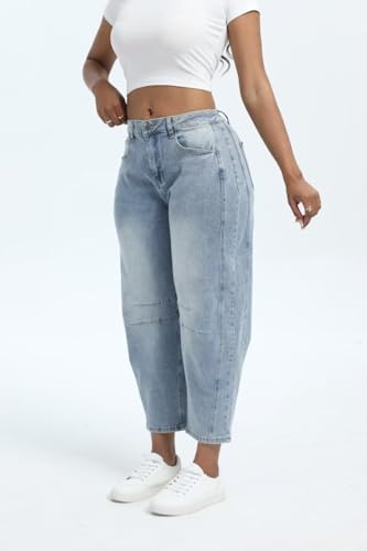 Women's Round Bucket Baggy Middle Waist Fashion Cutting Elasticity Ankle Pants Wide Leg Jeans DenimBlue Medium3