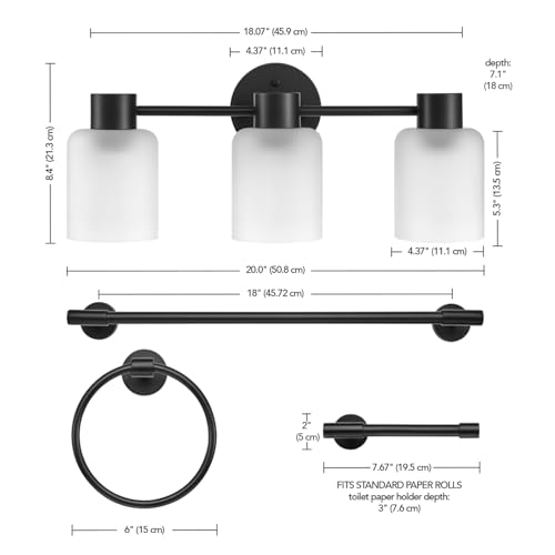 Image of Globe Electric 4-Piece All-in-One Bathroom Set, Matte Black, 3-Light Vanity Light with Frosted Glass Shades, Towel Bar, Toilet Paper Holder, Towel Ring