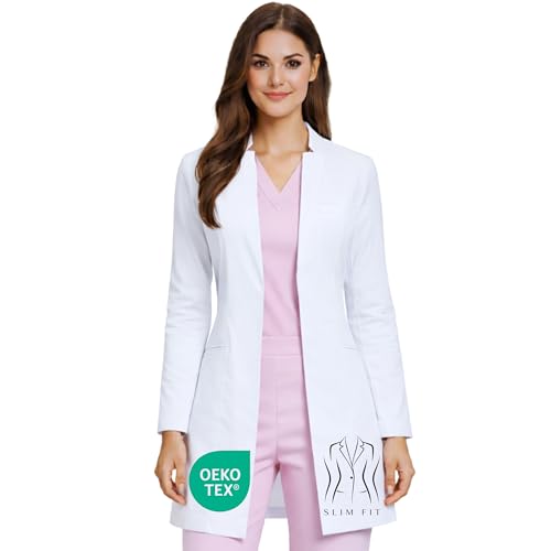 Womens Slim Fit Premium Lab Coat Tailored Princess Seams + Contouring Darts Notched V-Neck 33 Length 3 Pockets Back Vent OEKO-TEX Certified Fabric (Large)