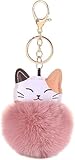 ZGLUZP Pink Cute Cat Shape Pom Pom Keychain Plush Ball Car Keychain Pendant Fluffy Keyring Charm for Women Girls Bag Purse Decor Keychains Accessories