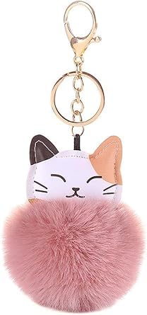 ZGLUZP Pink Cute Cat Shape Pom Pom Keychain Plush Ball Car Keychain Pendant Fluffy Keyring Charm for Women Girls Bag Purse Decor Keychains Accessories
