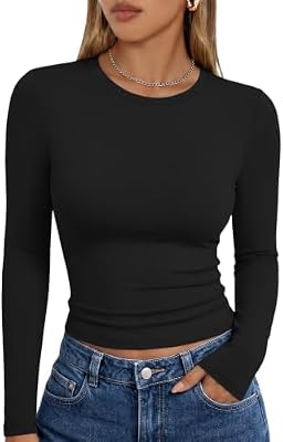 Trendy Queen Womens Long Sleeve T Shirts Fall Basic Tops Black M