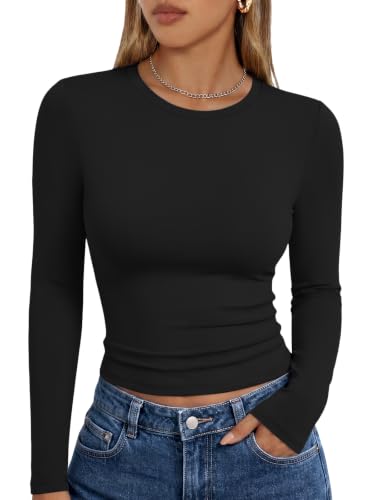Trendy Queen Womens Long Sleeve T Shirts Fall Fashion 2026 Basic Top Slim Fit Tees Y2k Outfits Winter Clothes Black S