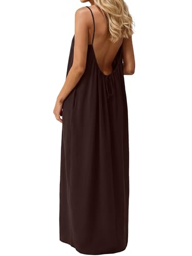 Image of IWOLLENCE Maxi Dresses for Women UK Backless Cami Dress Flowy Long Loose Casual Strappy Sleeveless with Pockets for Holiday Beach Wear(Chocolate, L)