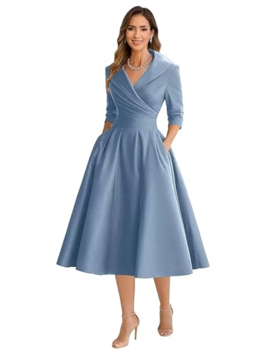 A Line Tea Length Mother of The Bride Dresses for Women Dusty Blue Pleated Satin Elegant Flowy Puffy Wedding Guest Dress with Sleeves Casual Midi Formal Evening Ball Gown with Pockets US16