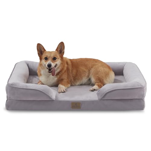 Image of Bedfolks Orthopedic Dog Bed, Waterproof Dog Sofa Bed for Large Dogs, Egg Foam Pet Couch Bed with Removable Washable Cover and Nonslip Bottom, Light Grey