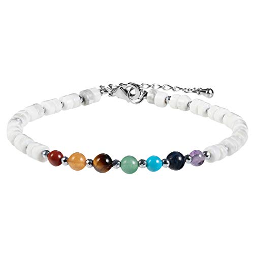 TUMBEELLUWA 7 Chakra Crystal Stone Beads Bracelet for Women Adjustable Flat Beaded Link Bangle for Healing