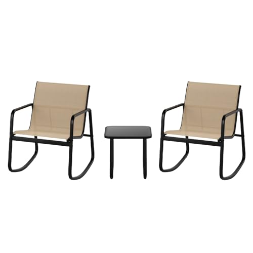 KOMFOTTEU Juego de Muebles de Jardín de 3 Piezas, Conjunto de 2 Sillas Mecedoras de Textileno y 1 Mesa de Cristal, Juego de Conversación para 2 Personas, Set de Muebles para Terraza, Patio (Marrón)