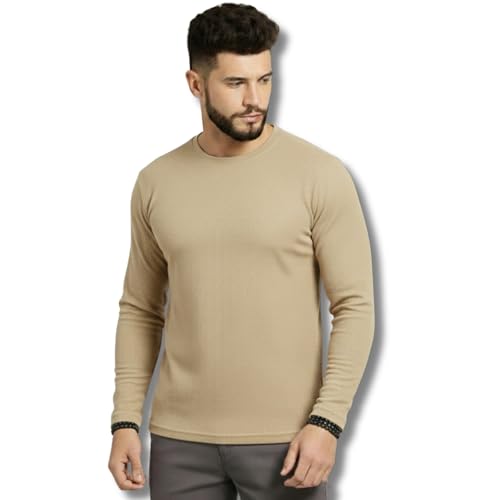 Image of Men's Cotton Round Neck Full Sleeve Pure Cotton Round Neck Regular Fit Solid Full Sleeve T-Shirt for Men & Boys Waffle Fabric t-Shirt Beige