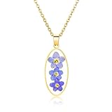 Handmade Forget-Me-Not Pressed Flower Necklace,Gold Pressed Flower Pendant Necklace,Unique Resin Birth Flower Necklace for Women, Ideal Presents For Birthday Party, Christmas,Thanksgiving(18’’)