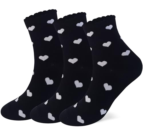 CUTIE MANGO 3 Pairs Heart Pattern Quarter Crew Lovely Design Socks For Women -Cute Cotton Womens Socks for Size 6,7,8,9,10