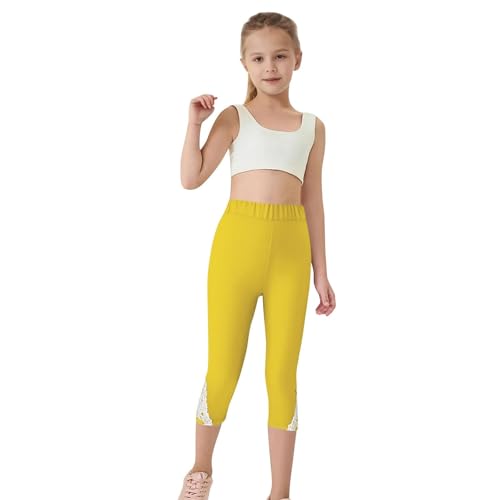 Girls Lace Trim Leggings 3/4 Length Capri Pants High Waist Stretchy Yoga Cropped Bottoms Lightweight Tights Trousers3