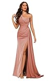 YMSHA Dusty Rose Pleated Bridesmaid Dresses with Slit Long Mermaid Formal Party Dresses for Women 2025 One Shoulder Bridesmaid Dress for Wedding 6