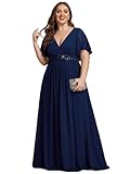 Ever-Pretty Women's Chiffon V Neck Short Sleeves Appliques Plus Size Dresses for Curvy Women Formal Dresses Navy Blue US14