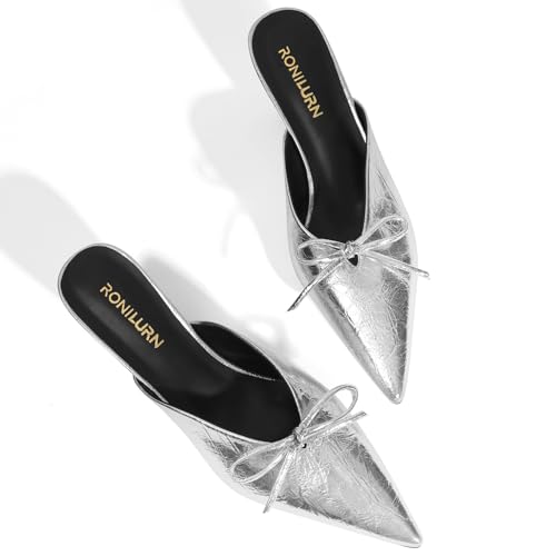 Image of Kitten Heels for Women Heeled Mules Stiletto Pumps Bow Closed Toe Pointed Toe Low Heel Slip on Fashion Metallic Backless Prom Party Dressy