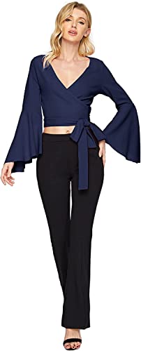 Image of TASHVIKA'S Women's Long Sleeve V Neck Tie Knot Wrap Blouse Top