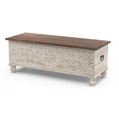 Image of Wooden Trunk Box for Storage | Solid Wood Coffee Table for Living Room | Handcrafted Center Tea Table with Sandook Storage for Living Room | Pitara for Home & Bedroom (Off White Distress)