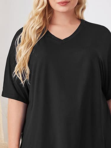 Oyoangle Women's Plus Size 2 Piece Short Sleeve Pajama Set Letter Tshirt And Pants Lounge Set Sleepwear Black 4Xl #TOP2