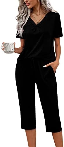 difficort Women's Pajama Sets Short Sleeve Pjs Soft Lounge sets Capri Sleepwear with Pockets,2-Black,Medium