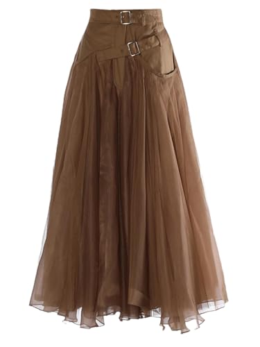 DBFBDTU Women High Waist Buckle Irregular Skirts Mesh Long A-Line Half-Body Skirt Wedding Party