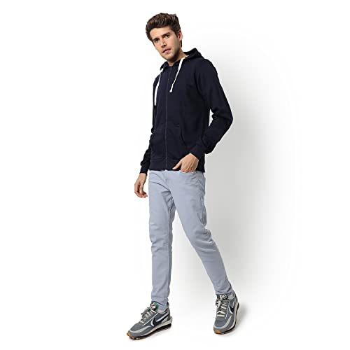 Image of CAHOOT Men's Dark Blue Zip-Front Hoodie with Contrast Drawstring for Casual Wear | Long Sleeve | Hooded Neck | Zipper Closure | Cotton Sweatshirt Crafted with Comfort Fit for Everyday Wear