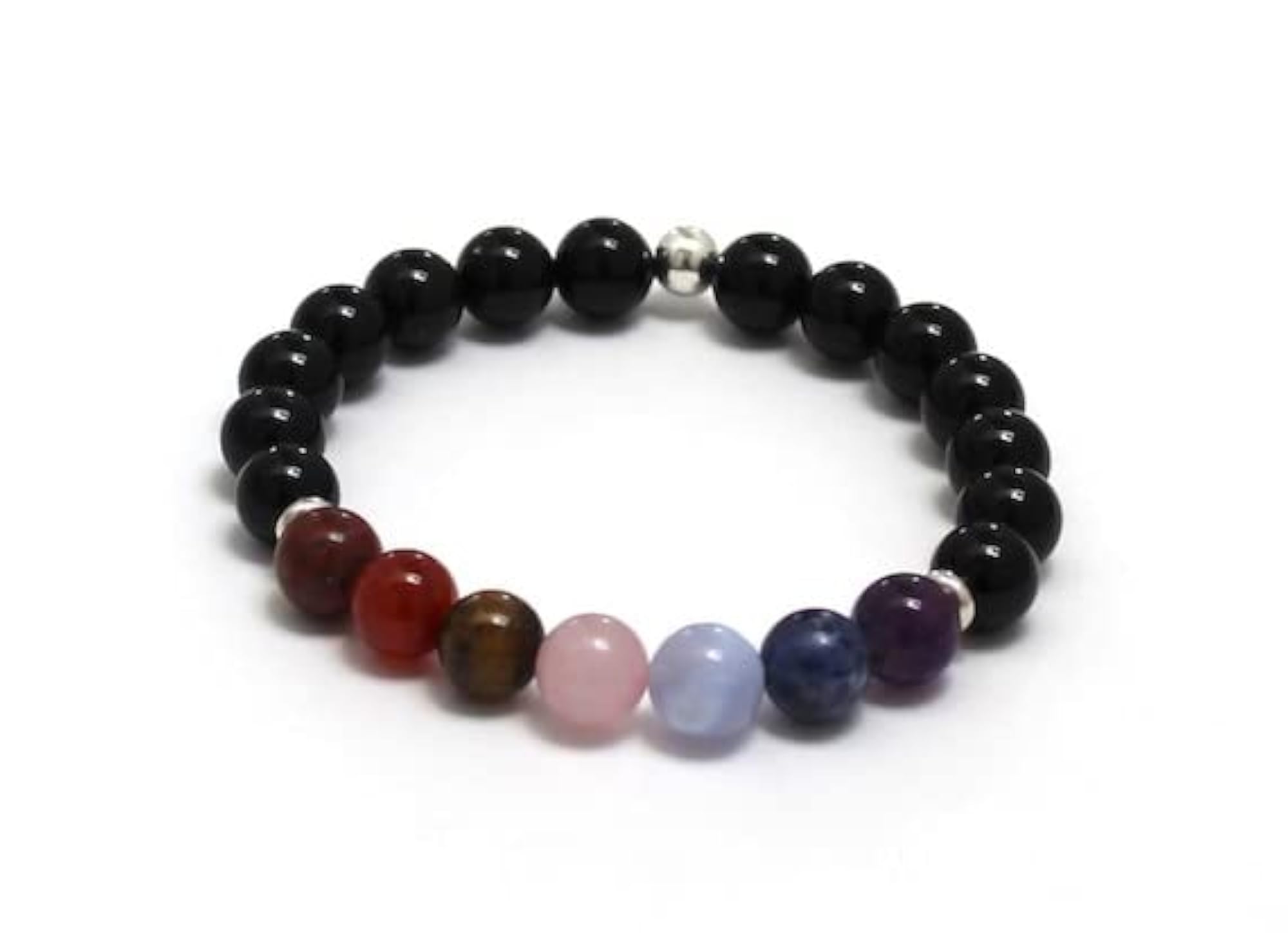 Natural 7 Chakra & Black Spinel Gemstone Stretch Bracelet, Unisex Healing