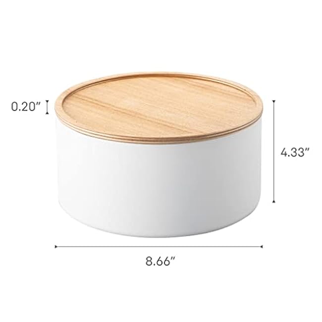 Yamazaki Home Rin Round Storage Case, Snacks, Toy, Or Craft Supplies Holder, Sewing Box Organizer, Wooden Lid Tray - Tall - Steel + Wood