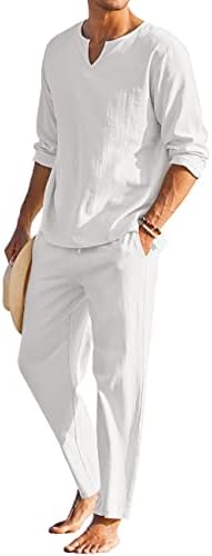 COOFANDY Men's 2 Pieces Cotton Linen Set Henley Shirt Long Sleeve...