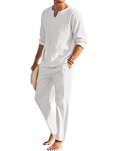 COOFANDY Men's 2 Pieces Cotton Linen Set Henley Shirt Long Sleeve and Casual Beach Pants Summer Yoga...