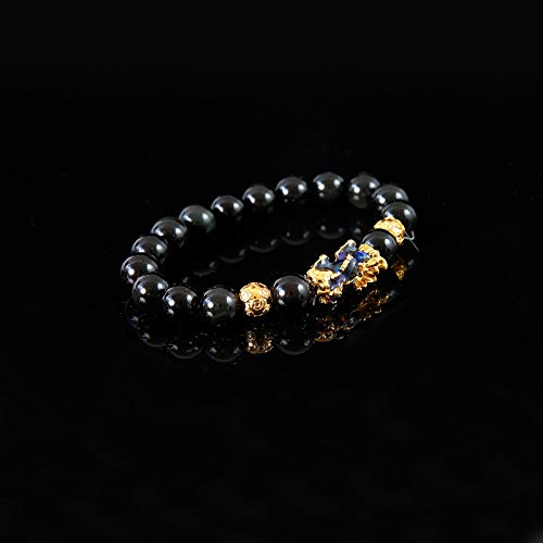 Nakido Feng Shui Black Obsidian Wealth Bracelet, Feng Shui Pi Xiu 12Mm Black Hand Carved Mantra Adjustable Elastic Bead Bracelet For Men Women Attract Wealth Money (Discolor Pixiu Golden Bead 2Pcs) #TOP3