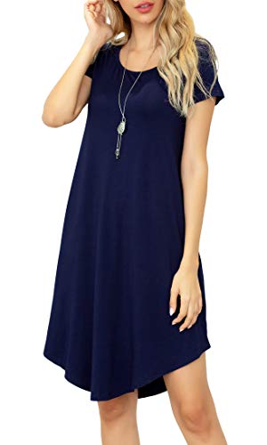 Image of Women Casual Loose Soft Crewneck Short Sleeve Pockets Swing T-Shirt Dress