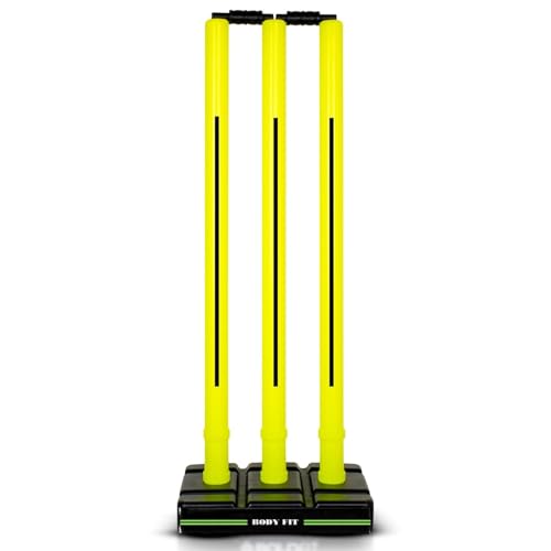 Image of Bodyfit Heavy Cricket Stumps | Plastic Wickets Set with 3 Stumps + 2 Bails + 1 Stand | Full Size Wickets for Cricket Ground, Tournament Wicket. (Yellow Black)