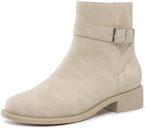 Athlefit Women's Ankle Boots Chunky Low Heel Fashion Round Toe Buckle leather Booties