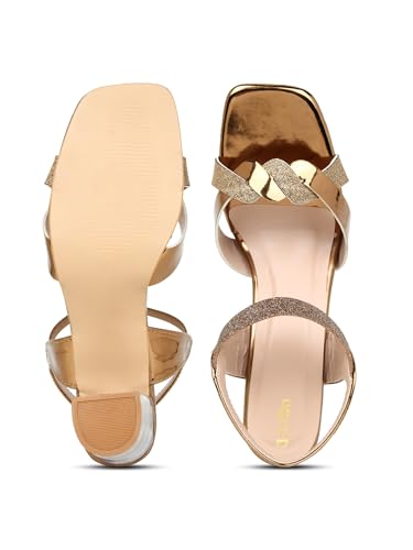 Image of Action Women's Rose Gold Glitter Sandals| Clear Block Heel| Cross-Strap Design with Ankle Strap Bronze
