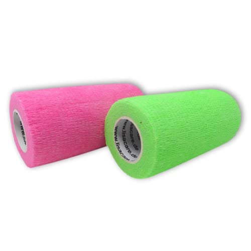 LisaCare bande de fixation 10cmx4,5m | Ensemble de 2 vert fluo et rose fluo | Bandage cohésif | Pansement | Bandage en plâtre | Patchs animaux | élastique, élastique, auto-adhésif, sans colle Cover