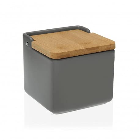 Saliera originale in ceramica quadrata con coperchio in bambù 12 x 12 x 12 cm colore: grigio