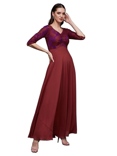 Image of Miss Chase Women's V-Neck Full Sleeve Self Design Lace-Overlaid Georgette Maxi Dress
