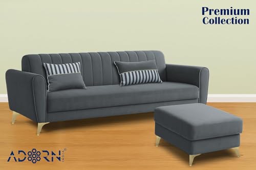 Image of Adorn India Premium Luster 4 Seater L Shape Sofa Set | Velvet Suede Fabric | 3-Year Warranty | Color Dark Grey with Golden Legs & Striped Pattern Cushion